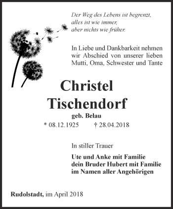 Traueranzeige von Christel Tischendorf von Ostthüringer Zeitung