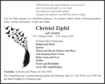 Traueranzeige von Christel Zipfel von Ostthüringer Zeitung