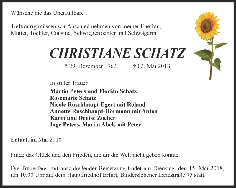  Traueranzeige für Christiane Schatz vom 12.05.2018 aus Thüringer Allgemeine, Thüringische Landeszeitung
