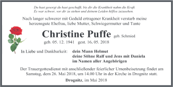 Traueranzeige von Christine Puffe von Ostthüringer Zeitung