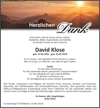 Traueranzeige von David Klose von Thüringer Allgemeine, Thüringische Landeszeitung