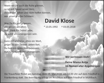Traueranzeige von David Klose von Thüringer Allgemeine, Thüringische Landeszeitung