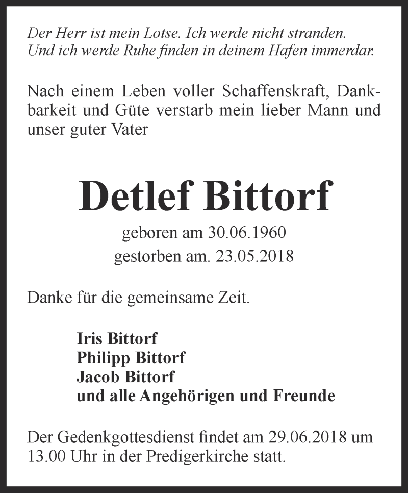  Traueranzeige für Detlef Bittorf vom 30.05.2018 aus Thüringer Allgemeine, Thüringische Landeszeitung