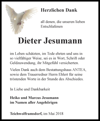 Traueranzeige von Dieter Jesumann von Ostthüringer Zeitung