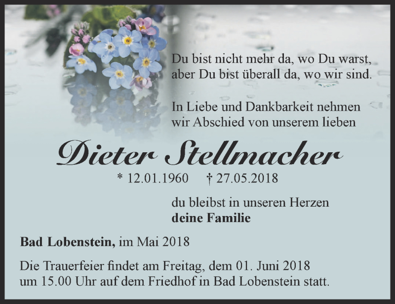  Traueranzeige für Dieter Stellmacher vom 30.05.2018 aus Ostthüringer Zeitung