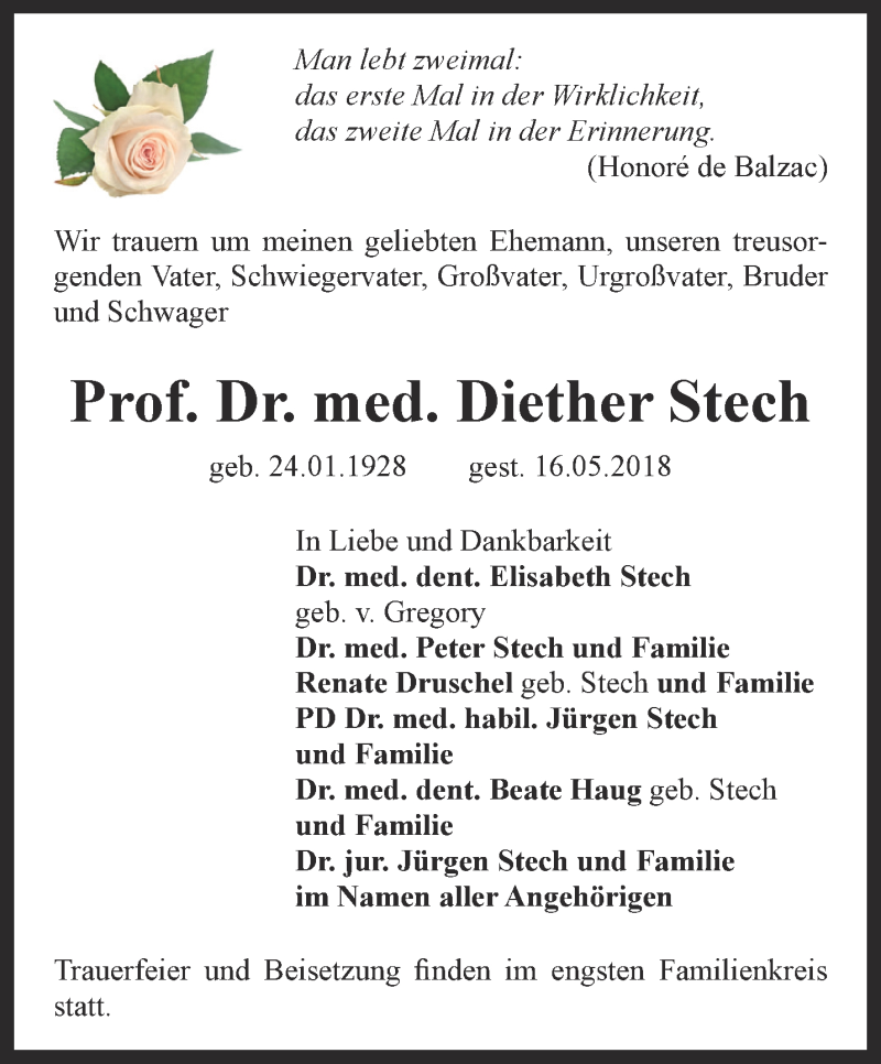  Traueranzeige für Diether Stech vom 19.05.2018 aus Ostthüringer Zeitung, Thüringische Landeszeitung
