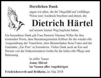 Traueranzeige von Dietrich Härtel von Ostthüringer Zeitung, Thüringische Landeszeitung
