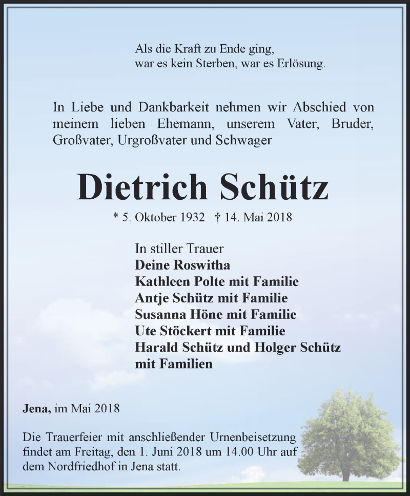  Traueranzeige für Dietrich Schütz vom 26.05.2018 aus Ostthüringer Zeitung, Thüringische Landeszeitung