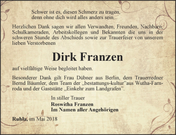 Traueranzeige von Dirk Franzen von Thüringer Allgemeine, Thüringische Landeszeitung