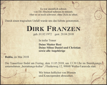 Traueranzeige von Dirk Franzen von Thüringer Allgemeine, Thüringische Landeszeitung