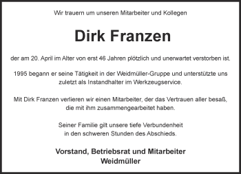 Traueranzeige von Dirk Franzen von Thüringer Allgemeine, Thüringische Landeszeitung