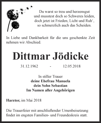 Traueranzeige von Dittmar Jödicke von Thüringer Allgemeine