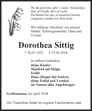 Traueranzeige von Dorothea Sittig von Thüringer Allgemeine, Thüringische Landeszeitung