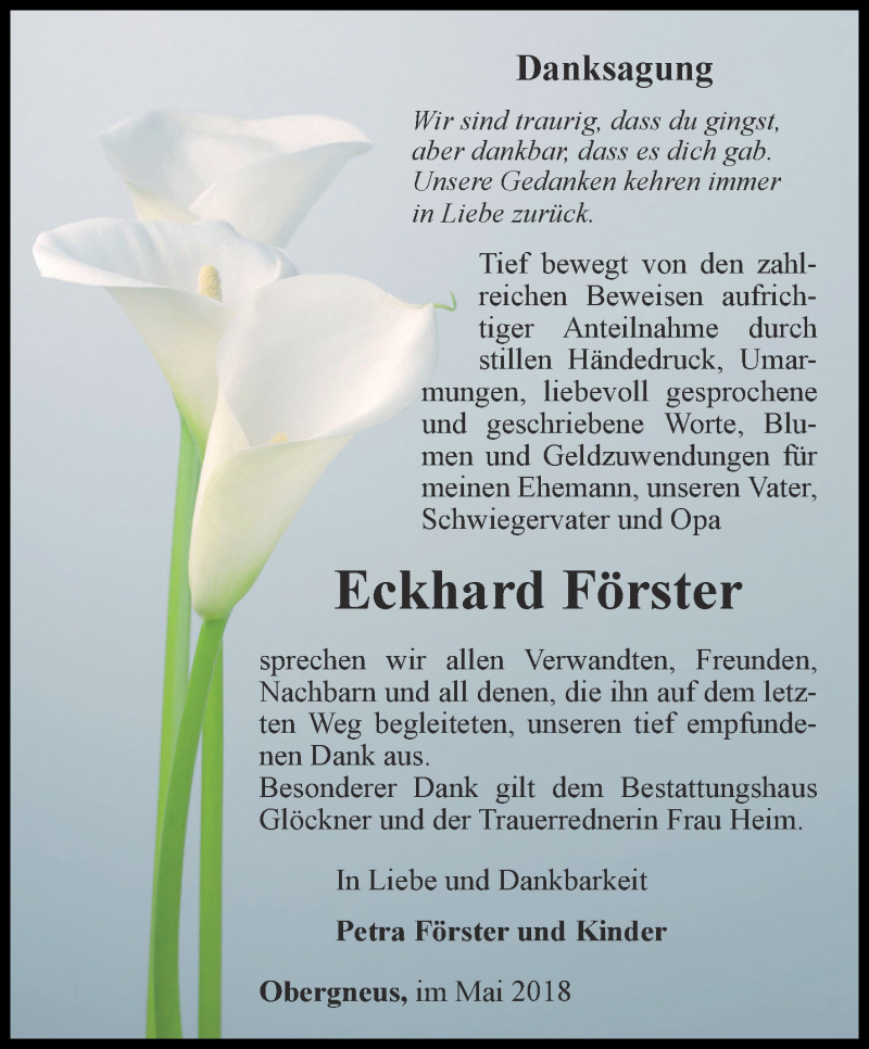  Traueranzeige für Eckhard Förster vom 12.05.2018 aus Ostthüringer Zeitung