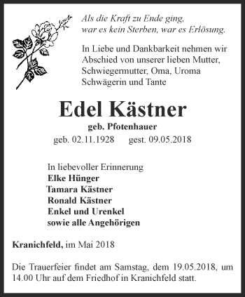 Traueranzeige von Edel Kästner von Thüringer Allgemeine, Thüringische Landeszeitung