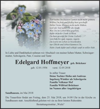 Traueranzeige von Edelgard Hoffmeyer von Thüringer Allgemeine, Thüringische Landeszeitung