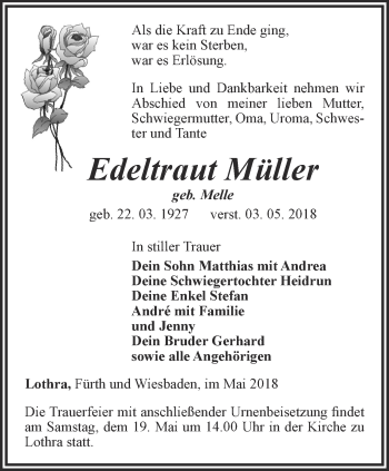 Traueranzeige von Edeltraut Müller von Ostthüringer Zeitung