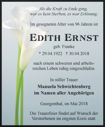 Traueranzeige von Edith Ernst von Ostthüringer Zeitung, Thüringische Landeszeitung