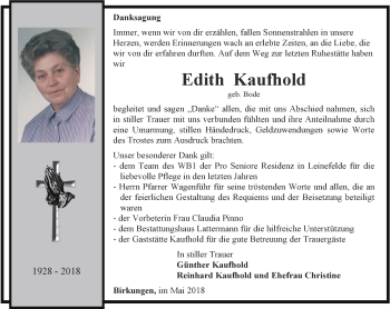 Traueranzeige von Edith Kaufhold von Thüringer Allgemeine