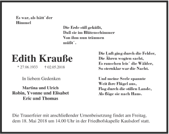 Traueranzeige von Edith Krauße von Ostthüringer Zeitung