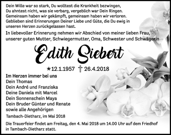 Traueranzeige von Edith Siebert von Ostthüringer Zeitung, Thüringische Landeszeitung