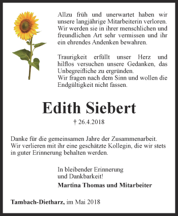 Traueranzeige von Edith Siebert von Ostthüringer Zeitung, Thüringische Landeszeitung