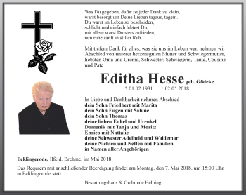 Traueranzeige von Editha Hesse von Thüringer Allgemeine