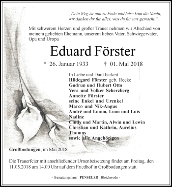 Traueranzeige von Eduard Förster von Thüringer Allgemeine