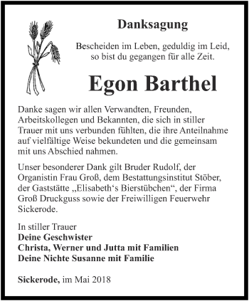 Traueranzeige von Egon Barthel von Thüringer Allgemeine