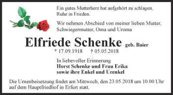Traueranzeige von Elfriede Schenke von Thüringer Allgemeine, Thüringische Landeszeitung