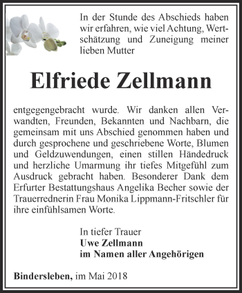 Traueranzeige von Elfriede Zellmann von Thüringer Allgemeine, Thüringische Landeszeitung