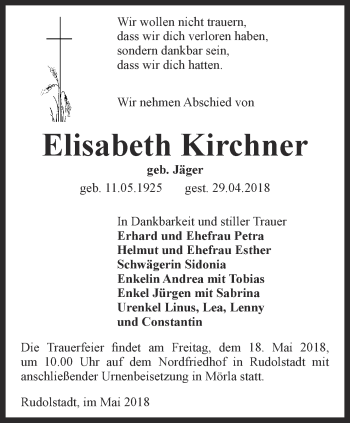 Traueranzeige von Elisabeth Kirchner von Ostthüringer Zeitung