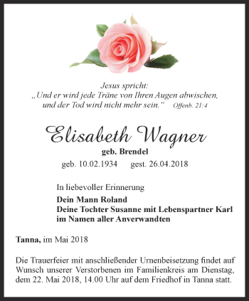 Traueranzeige von Elisabeth Wagner von Ostthüringer Zeitung