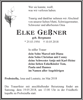 Traueranzeige von Elke Geßner von Ostthüringer Zeitung