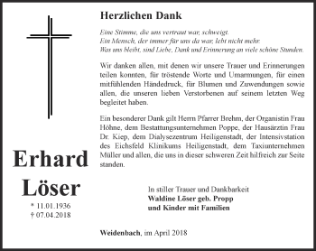 Traueranzeige von Erhard Löser von Thüringer Allgemeine