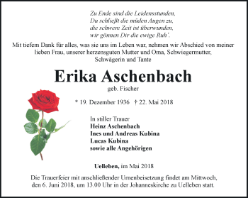 Traueranzeige von Erika Aschenbach von Ostthüringer Zeitung, Thüringische Landeszeitung