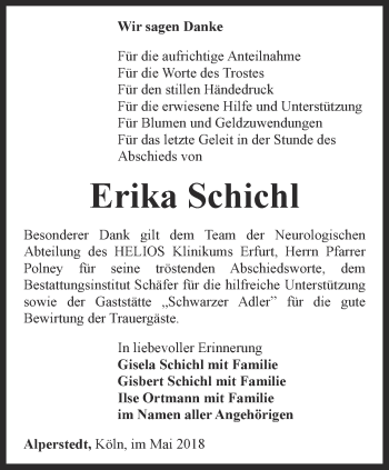 Traueranzeige von Erika Schichl von Thüringer Allgemeine, Thüringische Landeszeitung