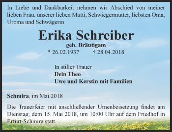 Traueranzeige von Erika Schreiber von Thüringer Allgemeine, Thüringische Landeszeitung