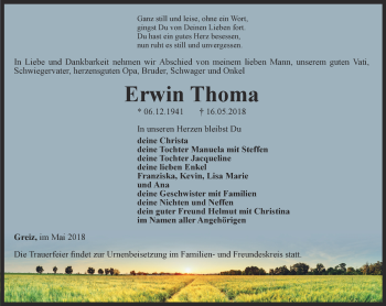Traueranzeige von Erwin Thoma