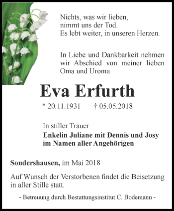 Traueranzeige von Eva Erfurth von Thüringer Allgemeine