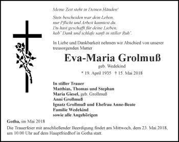 Traueranzeige von Eva-Maria Grolmuß von Ostthüringer Zeitung, Thüringische Landeszeitung