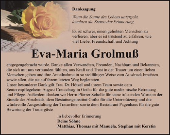 Traueranzeige von Eva-Maria Grolmuß von Ostthüringer Zeitung, Thüringische Landeszeitung