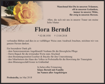 Traueranzeige von Flora Berndt von Ostthüringer Zeitung