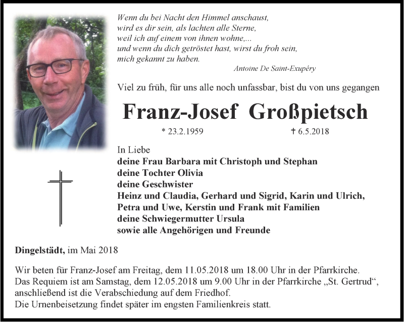  Traueranzeige für Franz-Josef Großpietsch vom 09.05.2018 aus Thüringer Allgemeine
