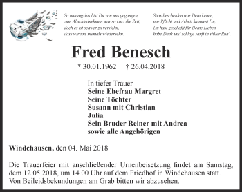 Traueranzeige von Fred Benesch von Thüringer Allgemeine