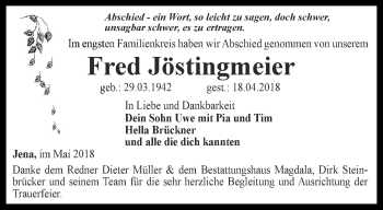 Traueranzeige von Fred Jöstingmeier von Ostthüringer Zeitung, Thüringische Landeszeitung