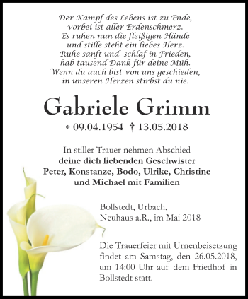 Traueranzeige von Gabriele Grimm von Thüringer Allgemeine, Thüringische Landeszeitung