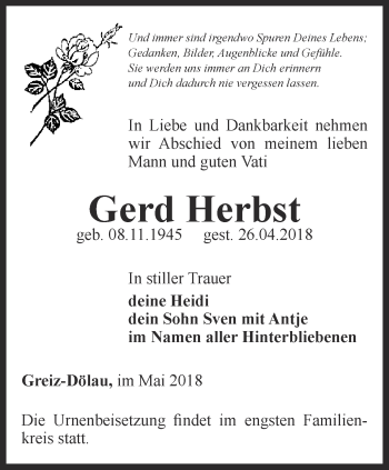 Traueranzeige von Gerd Herbst