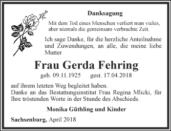 Traueranzeige von Gerda Fehring von Thüringer Allgemeine