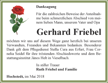 Traueranzeige von Gerhard Friebel von Thüringer Allgemeine, Thüringische Landeszeitung